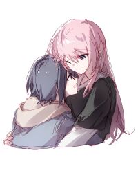  2girls bang_dream! bang_dream!_it&#039;s_mygo!!!!! black_shirt brown_eyes chihaya_anon closed_mouth grey_hair hibioes highres hug layered_sleeves long_hair long_sleeves multiple_girls one_eye_closed open_mouth pink_hair shirt short_hair short_over_long_sleeves short_sleeves simple_background takamatsu_tomori white_background white_shirt yuri 