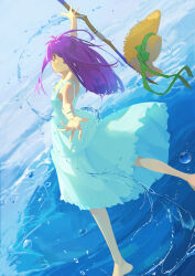  1girl aash4i absurdres alternate_costume aqua_dress barefoot bright_pupils closed_mouth colorful dress fern_(sousou_no_frieren) floating_hair foot_out_of_frame green_ribbon hat hat_ribbon highres long_hair looking_at_viewer looking_to_the_side mage_staff outstretched_arms purple_hair ribbon sleeveless sleeveless_dress solo sousou_no_frieren spread_arms staff straw_hat sundress turning_head unworn_hat unworn_headwear violet_eyes water water_drop white_pupils 