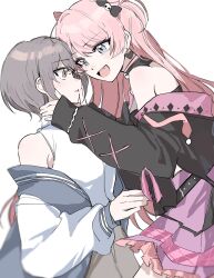  2girls bang_dream! bang_dream!_it&#039;s_mygo!!!!! black_jacket blue_jacket brown_eyes chihaya_anon commentary_request earrings fang grey_eyes grey_hair heart heart_earrings highres jacket jewelry long_hair multicolored_hair multiple_girls off_shoulder open_mouth pink_hair purple_skirt sanrio shirt short_hair skirt sleeveless sleeveless_shirt suudori takamatsu_tomori teeth two-tone_hair upper_teeth_only white_shirt yuri 