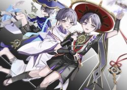  3girls anemo_symbol_(genshin_impact) aqua_gemstone arm_up armor barefoot bell black_bodysuit black_bow black_bridal_gauntlets black_sandals black_sleeves blue_cape blue_hat blue_kimono blunt_ends bodysuit bow bridal_gauntlets cape closed_mouth clothing_cutout doll eyelashes eyeliner eyeshadow feathers furisode gem genshin_impact gnosis_(genshin_impact) gold gold_trim grey_hair hakama hakama_shorts half-closed_eyes hand_on_another&#039;s_shoulder hand_on_own_stomach hat highres hip_vent holding holding_stuffed_toy japanese_armor japanese_clothes jewelry jingasa juban kariginu kimono kote kurokote layered_shorts layered_sleeves leg_warmers looking_at_object looking_at_viewer looking_to_the_side looking_up makeup mandarin_collar mitsudomoe_(shape) monochrome_background multiple_girls multiple_persona neck_ring nervous_sweating open_mouth pants pelvic_curtain pleated_shorts pom_pom_(clothes) purple_kimono purple_lightning purple_rope purple_shorts purple_sleeves reaching red_eyeliner red_eyeshadow red_hat rope runn0524 sandals scaramouche_(genshin_impact) scaramouche_(kabukimono)_(genshin_impact) shimenawa short_sleeves shorts shoulder_cutout smile string stuffed_toy sweat tareme tassel tearing_up tears teeth toenails toes tomoe_(symbol) tulaytullah&#039;s_remembrance_(genshin_impact) wanderer_(genshin_impact) white_kimono white_leg_warmers white_pants white_rope white_sleeves white_trim wide_sleeves wispy_bangs yellow_feathers zouri 