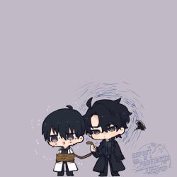  2boys ahoge black_coat black_eyes black_hair black_shirt bound chibi chibi_only coat collared_shirt curtained_hair frown full_body highres holding holding_rope kim_dokja kimidori_22 male_focus multiple_boys omniscient_reader&#039;s_viewpoint open_clothes open_coat open_mouth popped_collar rope shirt short_hair squiggle sweatdrop tied_up_(nonsexual) white_coat yoo_joonghyuk 