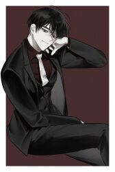  1boy black_coat black_eyes black_hair black_vest border coat collared_shirt cowboy_shot crossed_legs hand_on_own_face hand_on_own_leg head_rest highres hinizana invisible_chair kim_dokja looking_at_viewer male_focus necktie omniscient_reader&#039;s_viewpoint outside_border red_shirt shirt short_hair sitting smile solo vest white_border white_necktie 