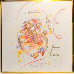  1girl absurdres ahoge artist_name bow bow_choker bubble_skirt center_frills chest_jewel chinese_commentary choker circle_skirt closed_mouth collarbone commentary_request confetti dot_nose dress dress_bow eyelashes frilled_dress frilled_skirt frilled_sleeves frilled_socks frills full_body gem gloves hair_between_eyes hair_bow hair_intakes high_heels highres jumping kaname_madoka kneehighs looking_at_viewer magical_girl mahou_shoujo_madoka_magica mahou_shoujo_madoka_magica_(anime) miniskirt object_floating_above_hand pink_bow pink_dress pink_eyes pink_gemstone pink_hair puffy_short_sleeves puffy_sleeves pumps red_bow red_choker red_shoes riko-m shoes short_dress short_hair short_sleeves short_twintails skirt skirt_under_dress smile socks solo soul_gem sparkle square_neckline streamers tareme thank_you traditional_media twintails white_background white_gloves white_skirt white_sleeves white_socks 