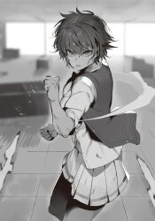  1girl battle blood blood_on_face blurry blurry_background bob_cut breasts clenched_hands collared_shirt cowboy_shot fighting_stance greyscale hair_between_eyes hand_up highres indoors itan_na_karera_no_kimitsu_kyoshitsu large_breasts martial_arts messy_hair miniskirt mole mole_under_eye monochrome motion_lines nauribon non-web_source novel_illustration official_art open_clothes open_vest pleated_skirt school_uniform shinshi_ibuki shirt short_hair short_sleeves skirt smoke solo standing tsurime v-shaped_eyebrows vest 