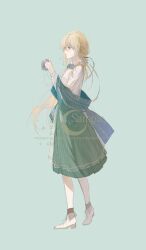  1girl absurdres alkaid_mcgrath ankle_boots aqua_bow aqua_bowtie aqua_ribbon aqua_shawl blonde_hair boots bow bowtie brown_socks camera chinese_commentary collared_shirt fold-over_boots from_side full_body genderswap genderswap_(mtf) green_background green_eyes green_skirt hair_between_eyes hair_ribbon hand_up highres holding holding_camera long_hair long_sleeves looking_at_object looking_at_viewer lovebrush_chronicles low_ponytail medium_skirt parted_lips pinstripe_pattern pinstripe_skirt plaid_bow plaid_bowtie plaid_clothes ponytail profile ribbon sample_watermark see-through_clothes shawl shirt sidelocks simple_background skirt socks solo standing tassel watermark white_boots white_shirt zongsi600 