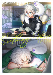  1boy ^_^ absurdres animal_around_neck bespectacled black_hoodie black_shirt blanket border closed_eyes clouds commentary_request computer_keyboard computer_mouse controller dated english_text game_controller glasses green_eyes heterochromia highres holding holding_controller holding_game_controller holding_phone hood hoodie indoors knees_up male_focus matochi_(fa) multiple_views murakumo_kagetsu murakumo_kagetsu_(2nd_costume) nijisanji open_mouth phone shirt short_hair short_sleeves smile table under_covers violet_eyes virtual_youtuber watakumo_(murakumo_kagetsu) white_hair 
