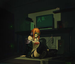  1girl absurdres arch_linux bare_shoulders boots chazeyrain computer film_grain glasses green_jacket headphones highres jacket linux monitor persona persona_5 red_hair sakura_futaba shirt signature white_shirt 