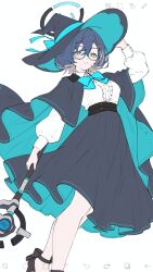  1girl alternate_costume black_cape black_hat black_shoes black_skirt blue-framed_eyewear blue_archive blue_bow blue_bowtie blue_hair blue_halo blue_ribbon bow bowtie cape center_frills chihiro_(blue_archive) closed_mouth collared_shirt commentary foot_out_of_frame frilled_shirt frills glasses grey_eyes grey_hair hair_between_eyes hair_ornament halo hand_on_headwear hand_up hat hat_ribbon high-waist_skirt high_heels highres holding holding_staff ibispaint_(medium) long_sleeves looking_at_viewer mage_staff multicolored_hair puffy_long_sleeves puffy_sleeves rabbit_hair_ornament ribbon semi-rimless_eyewear shirt shoes short_hair simple_background skirt smile solo staff standing two-tone_hair wa_sumi white_background white_shirt witch witch_hat 