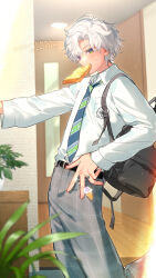  1boy absurdres bag black_necktie bread bread_slice character_charm charm_(object) checkered_clothes checkered_pants collared_shirt commentary_request diagonal-striped_clothes diagonal-striped_necktie door food food_in_mouth green_eyes green_necktie grey_pants hand_in_pocket heterochromia highres ice_cream_cone indoors long_sleeves male_focus matochi_(fa) murakumo_kagetsu murakumo_kagetsu_(3rd_costume) necktie nijisanji no_jacket pants plant romaji_text shirt short_hair solo standing standing_on_one_leg striped_clothes toast violet_eyes virtual_youtuber watakumo_(murakumo_kagetsu) white_hair 