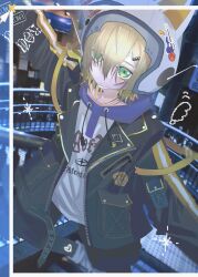  1boy absurdres animal_ear_helmet animal_ears animal_helmet arm_belt belt black_belt black_jacket black_leggings black_shorts blonde_hair blue_hood cat_ears character_name closed_mouth clothes_writing drawstring fake_animal_ears feet_out_of_frame flame_print green_eyes hair_ornament hair_over_one_eye hairclip helmet highres hood hood_down hoodie jacket lapels leggings lightning_bolt_print looking_at_viewer loose_belt male_focus nijisanji notched_lapels open_belt open_clothes open_jacket pocket print_hoodie short_hair shorts solo space_helmet standing standing_on_one_leg sticker unzipped uyuu_kiss_me uzuki_kou uzuki_kou_(5th_costume) virtual_youtuber white_helmet white_hoodie wolf_cut yellow_belt yellow_trim 