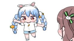  2girls animal_ear_fluff animal_ears blue_hair blue_shoes blue_shorts blush_stickers bow braid brown_hair carrot_hair_ornament chibi eyebrows_hidden_by_hair food-themed_hair_ornament hair_bow hair_ornament highres hololive mochimiko multicolored_hair multiple_girls natsuiro_matsuri rabbit_ears rabbit_girl rabbit_tail red_eyes shirt shoes short_eyebrows short_sleeves shorts side_ponytail simple_background socks tail thick_eyebrows twin_braids twintails two-tone_hair usada_pekora virtual_youtuber white_background white_bow white_hair white_shirt white_socks yurie_mouth 