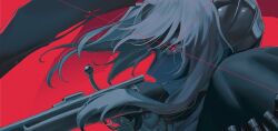  1girl absurdres cape finger_on_trigger from_side glowing glowing_eyes greyscale_with_colored_background gun hair_ornament highres holding holding_gun holding_weapon ling_(chaaaaanhikari) long_hair looking_at_viewer parted_lips portrait profile red_background reverse:1999 rifle rifle_cartridge sentinel_(reverse:1999) solo weapon 