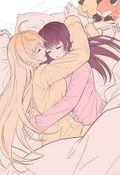  2girls absurdres blonde_hair commentary cuddling english_commentary highres hug jingburger jururu long_hair m_draw_isd multiple_girls open_mouth pillow pink_shirt purple_hair purple_streaks shirt sleeping stuffed_fox under_covers waktaverse yellow_shirt yuri 