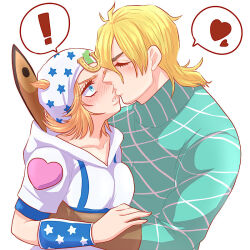  1boy 1girl blonde_hair blue_eyes blush breast_press breasts collarbone diego_brando genderswap genderswap_(mtf) gloves hat hood hoodie johnny_joestar jojo_no_kimyou_na_bouken kiss kissing_cheek medium_hair simple_background star_(symbol) star_print steel_ball_run sweatdrop white_background yuki_jj 