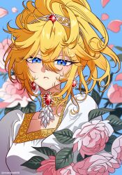  1girl blonde_hair blue_background blue_eyes blurry blurry_background earrings floral_background flower gem hair_between_eyes highres jewelry leaf looking_at_viewer meremero necklace oscar_francois_de_jarjayes parted_lips petals pink_flower pink_rose puffy_short_sleeves puffy_sleeves red_gemstone rose short_sleeves solo sparkle twitter_username updo upper_body versailles_no_bara 