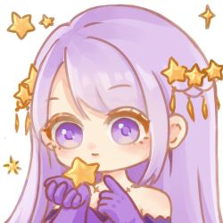  1girl absurdres bare_shoulders chibi chinese_commentary closed_mouth commentary_request dress elbow_gloves expressionless eyelashes gloves hair_ornament highres holding holding_star infinity_nikki jewelry light_blush long_hair mavir necklace nikki_(series) purple_dress purple_gloves purple_hair simple_background solo sparkle star_(symbol) star_hair_ornament star_necklace star_sea_(nikki) straight_hair strapless strapless_dress tareme upper_body violet_eyes white_background 