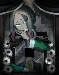 2boys anemone_(flower) ascot bar_censor braid brown_hair censored censored_identity collared_shirt colored_skin curtains evil_grin evil_smile flower green_eyes grey_skin grin highres horror_(theme) jacket joshua_juukulius long_hair long_sleeves looking_at_viewer mikai_(lucialen_56) multiple_boys parted_bangs picture_frame purple_hair re:zero_kara_hajimeru_isekai_seikatsu roy_alphard sharp_teeth shirt short_hair smile symbolism teeth white_flower white_shirt yellow_ascot 