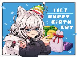  1girl :p animal_ears black_hair black_jacket black_sweater blue_background blue_eyes border box commentary_request crossed_arms dated dog_ears dog_girl english_text fujinoki_(horonabe-ken) gift gift_box grey_hair grey_jacket happy_birthday hat highres jacket kmnz long_sleeves looking_at_viewer medium_hair multicolored_hair party_hat puffy_long_sleeves puffy_sleeves sack solo sweater tina_(kmnz) tongue tongue_out two-tone_hair w white_border 