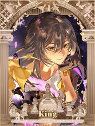  1girl arcade_(architecture) architecture black_boots black_gloves black_jacket boots building chinese_commentary closed_mouth commentary_request constellation english_text gloves grey_hair hair_between_eyes hand_on_own_face hand_up high_heel_boots high_heels highres holding holding_quill honkai:_star_rail honkai_(series) jacket long_hair long_sleeves looking_to_the_side miemiebei open_clothes open_jacket quill shirt sidelocks smile solo space star_(sky) starry_sky_background stelle_(honkai:_star_rail) t-shirt trailblazer_(honkai:_star_rail) upper_body white_shirt yellow_eyes 