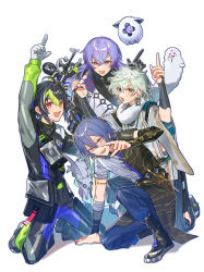  4boys absurdres animal arm_support arm_warmers bead_necklace beads black_gloves black_hair black_jacket black_shirt black_shoes blue_hair blue_pants cat commentary_request dytica_(nijisanji) earrings feet_out_of_frame full_body fur_collar ghost gloves green_eyes green_hair grin hanafuda_earrings highres hoshirube_sho hoshirube_sho_(1st_costume) inami_rai inami_rai_(1st_costume) jacket japanese_clothes jewelry jumpsuit kariginu kneeling koyanagi_rou koyanagi_rou_(1st_costume) long_hair long_sleeves looking_at_viewer male_focus matochi_(fa) multicolored_hair multiple_boys murakumo_kagetsu murakumo_kagetsu_(1st_costume) necklace nijisanji open_mouth otomo_(hoshirube_sho) otomo_(inami_rai) otomo_(koyanagi_rou) pants pointing pointing_up purple_hair red_eyes shirt shoes simple_background smile streaked_hair two-tone_shirt upper_body virtual_youtuber watakumo_(murakumo_kagetsu) white_cat white_gloves white_jacket white_shirt white_sleeves 