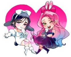  2girls alien_stage animal_ears black_boots black_dress black_hair blue_hair boots bow bow_hairband chest_bow clothing_cutout commentary deformed dress dress_bow english_commentary floppy_ears gloves gradient_hair hair_bow hairband heart juliet_sleeves long_hair long_sleeves milkbedtime mizi_(alien_stage) multicolored_hair multiple_girls off-shoulder_dress off_shoulder one_eye_closed outstretched_arm pink_bow pink_hair puffy_sleeves rabbit_ears rabbit_girl rabbit_tail shoulder_cutout sua_(alien_stage) tail two-tone_hair very_long_hair violet_eyes white_boots white_bow white_dress white_gloves white_hairband yellow_eyes 