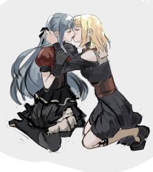  2girls absurdres bang_dream! bang_dream!_it&#039;s_mygo!!!!! black_corset black_dress black_gloves black_pantyhose black_skirt blonde_hair blue_hair commentary corset doloris_(bang_dream!) dress ginkgo_doodles gloves grey_background highres long_hair long_sleeves medium_hair misumi_uika multiple_girls oblivionis_(bang_dream!) pantyhose red_shirt shirt sidelocks simple_background skirt togawa_sakiko 
