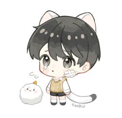  1boy :o animal_ears bandage_on_face bandages biyoo_(omniscient_reader&#039;s_viewpoint) black_hair black_shorts cat_ears cat_tail chibi chibi_only collared_shirt crying crying_with_eyes_open full_body kim_dokja male_focus oldest_dream omniscient_reader&#039;s_viewpoint shirt short_hair shorts standing tail tears tooruruuu vest white_shirt yellow_vest 