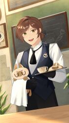 1girl :d absurdres artist_name black_gloves black_necktie black_pants black_vest doll english_commentary gloves highres holding holding_tray indoors long_sleeves looking_at_viewer medium_hair necktie nikkiartchives open_mouth pants ponytail rosa_(tears_of_themis) shirt short_ponytail smile solo tears_of_themis tray vest white_shirt 