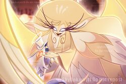  1boy 1girl absurdly_long_hair beak bird_girl blonde_hair dress feathers furry furry_female hazbin_hotel hellaverse highres long_eyelashes long_hair looking_down sir_pentious_(angel) skyookami11art speaker_of_god_(hazbin_hotel) tall_female very_long_hair yellow_dress yellow_feathers 