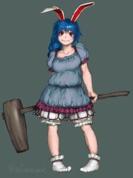  1girl animal_ears artist_name bloomers blue_dress blue_hair braid collarbone commentary_request dress earclip envenomist_(gengoroumaru) frills full_body highres holding holding_mallet kine mallet one-hour_drawing_challenge puffy_short_sleeves puffy_sleeves rabbit_ears rabbit_girl red_eyes seiran_(touhou) short_sleeves single_braid smile socks touhou twitter_username white_bloomers white_socks wide-eyed 
