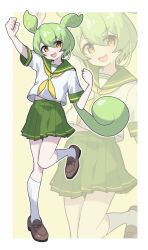  1girl :d arm_up blush border brown_shoes commentary cropped_shirt dot_nose double-parted_bangs flat_chest full_body green_hair green_sailor_collar green_skirt hair_between_eyes hand_up highres kneehighs loafers long_hair looking_at_viewer low_ponytail midriff_peek miniskirt necktie open_mouth outside_border pleated_skirt ponytail sailor_collar school_uniform serafuku shirt shoes short_sleeves sidelocks simple_background skirt smile socks solo standing standing_on_one_leg tetetaco v-shaped_eyebrows very_long_hair voicevox white_border white_shirt white_socks yellow_background yellow_eyes yellow_necktie zundamon 