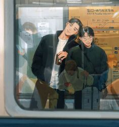  2boys amo_(amo_0514) bag black_eyes black_hair black_jacket black_pants blush can closed_eyes commentary_request drink_can feet_out_of_frame glasses hand_in_pocket hands_in_pockets head_tilt highres holding holding_can indoors jacket karaoke_iko! leaning_to_the_side long_sleeves looking_at_another looking_to_the_side male_focus multiple_boys narita_kyouji oka_satomi open_clothes open_jacket open_mouth pants parted_bangs people popped_collar reflection shirt short_hair shoulder_bag sign smile standing subway_station the_north_face white_shirt window 