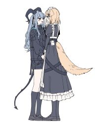  2girls absurdres animal_ears arknights bang_dream! bang_dream!_it&#039;s_mygo!!!!! black_dress black_shoes black_shorts black_socks blonde_hair blue_hair commentary_request dog_ears dog_girl dress full_body hair_ribbon highres horns jewelry kneehighs korean_commentary loafers long_hair maid maid_headdress medium_hair misumi_uika misumi_uika_(perro) multiple_girls neonfloyd ribbon shoes shorts sidelocks simple_background socks standing tail togawa_sakiko togawa_sakiko_(sarkaz) two_side_up violet_eyes white_background yuri 