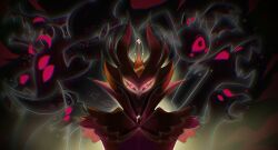  1boy arms_at_sides beak bird_boy black_cloak black_feathers black_sclera bright_pupils brown_gemstone cloak closed_mouth colored_sclera crown dark_background demon demon_boy expressionless extra_eyes feathers four-pointed_star furry furry_male gem glint gold_crown hellaverse helluva_boss highres horned_owl looking_at_viewer mature_male owl_boy paimon_(helluva_boss) red_eyes solo standing white_pupils xixixixi1037 