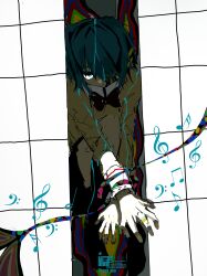  1girl absurdres black_skirt blue_eyes blue_hair bow bowtie chinese_commentary collared_shirt commentary_request commission hair_ornament hair_over_one_eye hairclip high_collar highres juliet_sleeves knee_up kokaiff long_sleeves mahou_shoujo_madoka_magica mahou_shoujo_madoka_magica_(anime) miki_sayaka miniskirt mitakihara_school_uniform musical_note outstretched_arms puffy_sleeves red_bow red_bowtie sample_watermark school_uniform shirt short_hair skirt sleeve_cuffs solo surreal thank_you tile_floor tiles treble_clef watermark yellow_shirt 