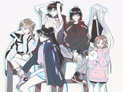  1boy 5girls :p alternate_costume animal biyoo_(omniscient_reader&#039;s_viewpoint) black_cape black_hair black_hoodie bob_cut brown_hair cape chair closed_eyes everyone group_picture hair_bun hair_tie_in_mouth han_sooyoung hand_on_another&#039;s_leg head_tilt high_ponytail hinizana holding holding_animal hood hood_down hoodie jacket kim_dokja lee_seolhwa lollipop_in_mouth long_hair min_jihyeon_(mimyo) mouth_hold multicolored_jacket multiple_girls omniscient_reader&#039;s_viewpoint pink_hoodie ponytail purple_socks shin_yoosung shirt shoes short_hair sitting smile sneakers socks t-shirt tongue tongue_between_fingers tongue_out two-tone_jacket tying_hair very_long_hair white_hair white_shirt yoo_sangah 