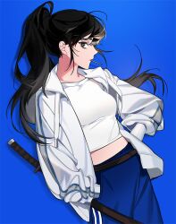  1girl black_eyes black_hair blue_background blue_pants commentary_request cowboy_shot floating_hair hand_in_pocket hand_on_own_hip high_ponytail hinizana jacket korean_commentary leaning lee_jihye lollipop_in_mouth long_hair looking_at_viewer omniscient_reader&#039;s_viewpoint pants ponytail scabbard sheath shirt sidelocks simple_background solo stomach striped_clothes striped_pants tight_clothes white_jacket white_shirt 