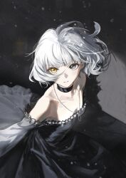  1girl absurdres alternate_costume bang_dream! bang_dream!_it&#039;s_mygo!!!!! black_background black_choker black_dress blue_eyes choker collar dress heterochromia highres jewelry kaname_raana kissshotmagia short_hair solo standing white_hair yellow_eyes 