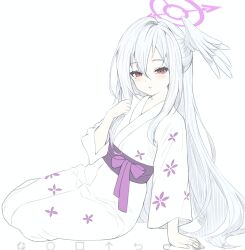  1girl alternate_costume arm_support art_program_in_frame blue_archive blush bow clenched_hand closed_mouth commentary eyelashes feathered_wings floral_print floral_print_kimono full_body hair_between_eyes halo hand_up head_wings highres ibispaint_(medium) japanese_clothes kimono long_hair long_sleeves looking_at_viewer mole mole_under_eye pink_halo print_kimono purple_bow purple_sash red_eyes sash sidelocks simple_background single_wing sitting solo straight_hair suzumi_(blue_archive) very_long_hair wa_sumi white_background white_hair white_kimono white_wings wide_sleeves wings yokozuwari yukata 