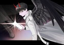  2boys black_boots black_coat black_eyes black_hair black_shirt black_wings boots coat curtained_hair holding holding_phone horns kim_dokja male_focus multiple_boys omniscient_reader&#039;s_viewpoint open_clothes open_coat phone poxeii red_horns shining shirt short_hair white_coat wings yoo_joonghyuk 