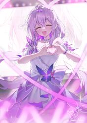  1girl bare_shoulders binato_lulu butterfly_ornament castorice_(honkai:_star_rail) castorice_(star_rail_live_2025)_(honkai:_star_rail) closed_eyes commentary_request cowboy_shot dress facing_viewer floating_hair happy heart heart_hands highres honkai:_star_rail honkai_(series) jewelry long_hair necklace off-shoulder_dress off_shoulder official_alternate_costume open_mouth pearl_necklace purple_hair signature silver_tiara solo tiara twitter_username very_long_hair white_dress zoom_layer 