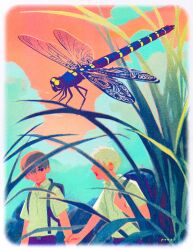  2boys backpack bag black_pants bug clouds dragonfly grass highres hikaru_ga_shinda_natsu holding_another's_arm indou_hikaru mole mole_on_cheek mole_under_mouth multiple_boys orange_sky pants poxeii school_uniform shirt sky tsujinaka_yoshiki white_shirt 