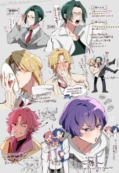  5boys :o angry annoyed black_pants black_shirt blonde_hair blue_shirt blush carrying chibi chibi_inset closed_eyes closed_mouth coat collared_shirt commentary_request cure_top curtained_hair dancing_star_precure emoji glasses green_eyes green_hair grey_jacket hand_on_own_face highres holding holding_mask hoshikawa_gaku jacket kurose_maito long_sleeves mask multiple_boys natsume_hayato necktie nonoko_(nopippichan) one_eye_closed pants pink_shirt precure princess_carry purple_hair purple_shirt red_necktie school_uniform shirt short_hair tengen_kouga translation_request tsukimiya_sasana violet_eyes white_coat white_jacket white_pants white_shirt 