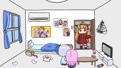  3girls amane_kanata asymmetrical_legwear bed black_socks black_thighhighs blonde_hair blush_stickers chibi closed_mouth commentary_request curtains dragon_girl dragon_horns dragon_tail flat_screen_tv grey_hair highres himemori_luna hololive horns jacket kiryu_coco kiryu_coco_(loungewear) long_hair long_sleeves minato_aqua mochimiko multicolored_hair multiple_girls nintendo_switch open_door orange_hair pillow pink_hair puffy_long_sleeves puffy_sleeves red_eyes red_jacket sitting socks standing streaked_hair table tail television thigh-highs tokoyami_towa track_jacket tsunomaki_watame very_long_hair virtual_youtuber window 