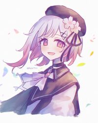  1girl :d absurdres beret black_choker black_hat brooch cherry_blossoms choker commentary_request flower hair_flower hair_ornament hat highres jewelry looking_at_viewer mahou_shoujo_no_majo_saiban multicolored_hair neck_ribbon open_mouth petals pink_eyes pink_hair ribbon runa_(runa7733) sakuraba_ema short_hair smile solo upper_body white_background white_hair white_ribbon x_hair_ornament 