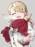  1girl alternate_costume asymmetrical_bangs blonde_hair can closed_eyes facing_viewer fire_emblem fire_emblem_heroes gloves highres kishiro_azuhito open_mouth sharena_(fire_emblem) smile soda_can upper_body 