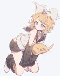  1girl black_sailor_collar black_shorts blonde_hair blue_eyes crop_top detached_sleeves full_body hair_ribbon highres kagamine_rin kneeling looking_to_the_side multiple_hairpins page59 ribbon sailor_collar shirt short_hair shorts sketch solo vocaloid white_background white_ribbon white_shirt yellow_nails 