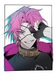  1boy animal_collar black_gloves collar crop_top earrings eyepatch fingerless_gloves gloves heartsteel_(league_of_legends) heartsteel_kayn highres jacket jewelry kayn_(league_of_legends) league_of_legends looking_at_viewer male_focus one_eye_covered pin_(done_uop_a) pink_hair pink_jacket short_hair smile solo teeth 