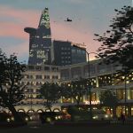  absurdres bird broom broom_riding building car city dusk highres hy_vong_(phong_canh) lamppost motor_vehicle original outdoors people scenery simple_bird sky third-party_source tree witch 