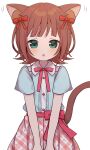  1girl :o amami_haruka animal_ears blue_shirt bow brown_hair buttons cat_ears cat_tail checkered_clothes checkered_skirt commentary green_eyes hair_ribbon idolmaster idolmaster_(classic) light_blush looking_at_viewer medium_hair pink_bow pink_ribbon pink_skirt red_ribbon ribbon roieoekaki shirt short_sleeves sidelocks skirt solo tail white_background wing_collar 